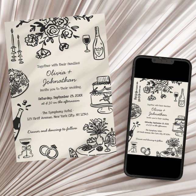 Invitación Hand Drawn Scribbles/Doodles Wedding Invitation (Subido por el creador)