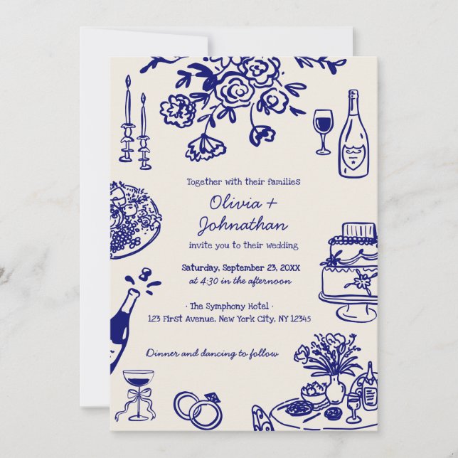 Invitación Hand Drawn Scribbles/Doodles Wedding Invitation (Anverso)