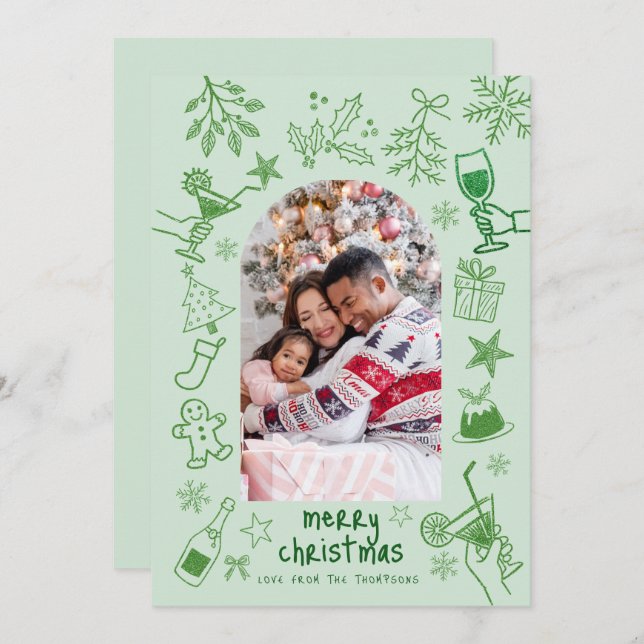 Invitación Hand Drawn Scribbly Glitter Green Merry Christmas  (Anverso / Reverso)