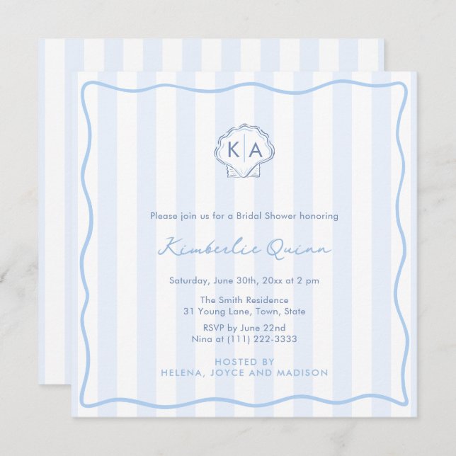 Invitación Hand-Drawn Seashell Monogram Coastal Bridal Shower (Anverso / Reverso)