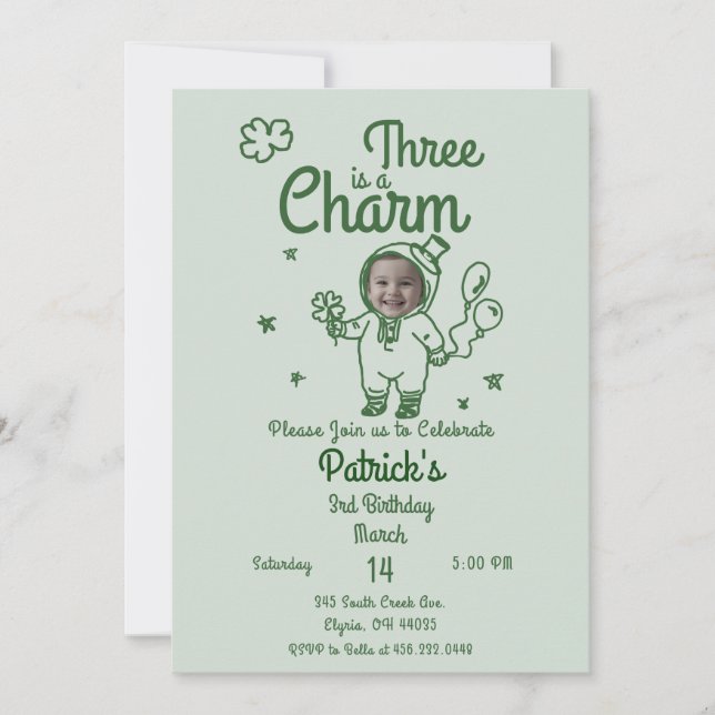 Invitación Hand Drawn Shamrock Any Age with Photo Birthday (Anverso)