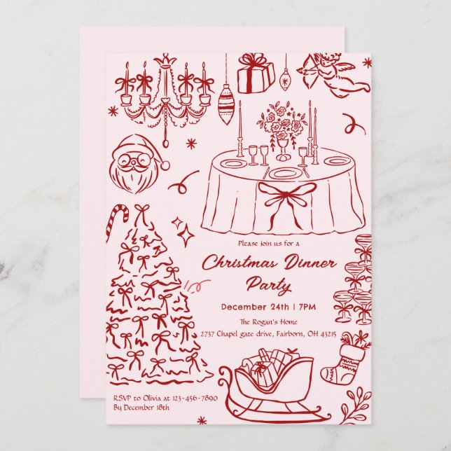 Invitación Hand Drawn Squiggle Doodles Christmas Party Invita (Anverso / Reverso)