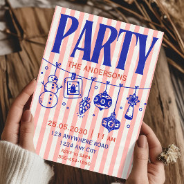 Invitación Hand Drawn striped blue pink christmas party