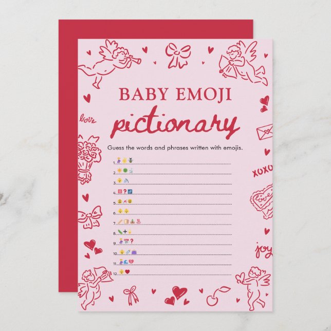 Invitación Hand Drawn Valentine Baby Emoji Pictionary Game (Anverso / Reverso)