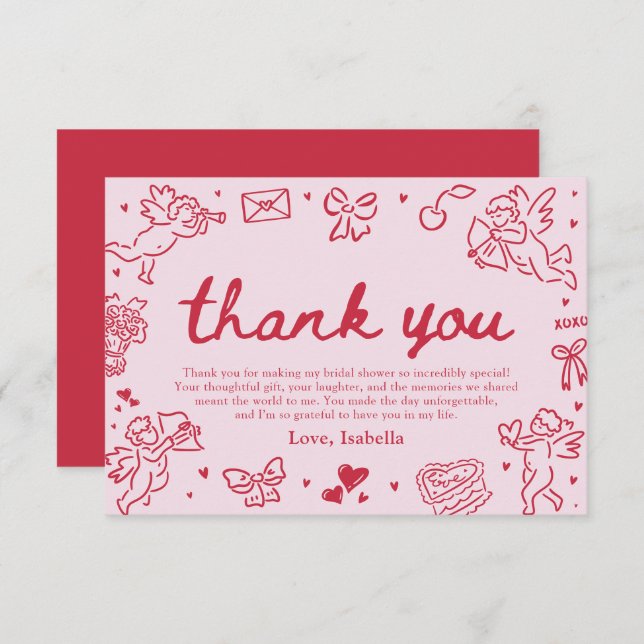 Invitación Hand Drawn Valentine Bridal Shower Thank You Card (Anverso / Reverso)