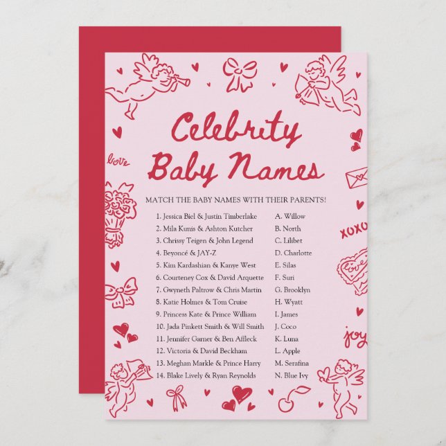 Invitación Hand Drawn Valentine Celebrity Baby Name Game (Anverso / Reverso)