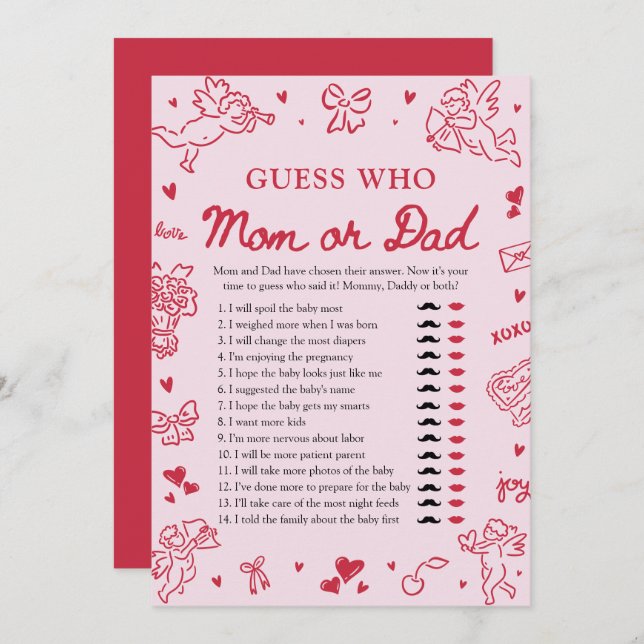 Invitación Hand Drawn Valentine Guess Who Mom or Dad Game (Anverso / Reverso)