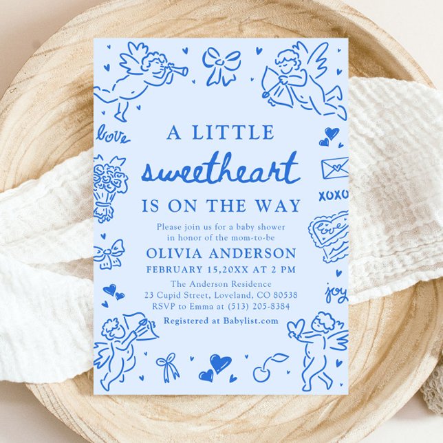 Invitación Hand Drawn Valentine Little Sweetheart Baby Shower (Blue Hand Drawn Valentine Little Sweetheart Baby Shower Invitation)