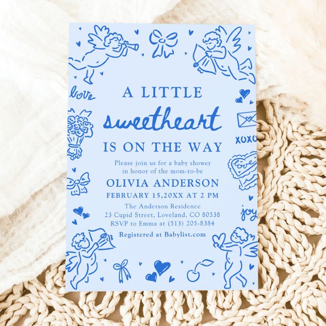 Invitación Hand Drawn Valentine Little Sweetheart Baby Shower (Blue Hand Drawn Valentine Little Sweetheart Baby Shower Invitation)
