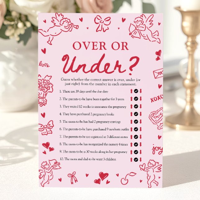 Invitación Hand Drawn Valentine Over Or Under Baby Shower (Hand Drawn Valentine Over Or Under Baby Shower Game)