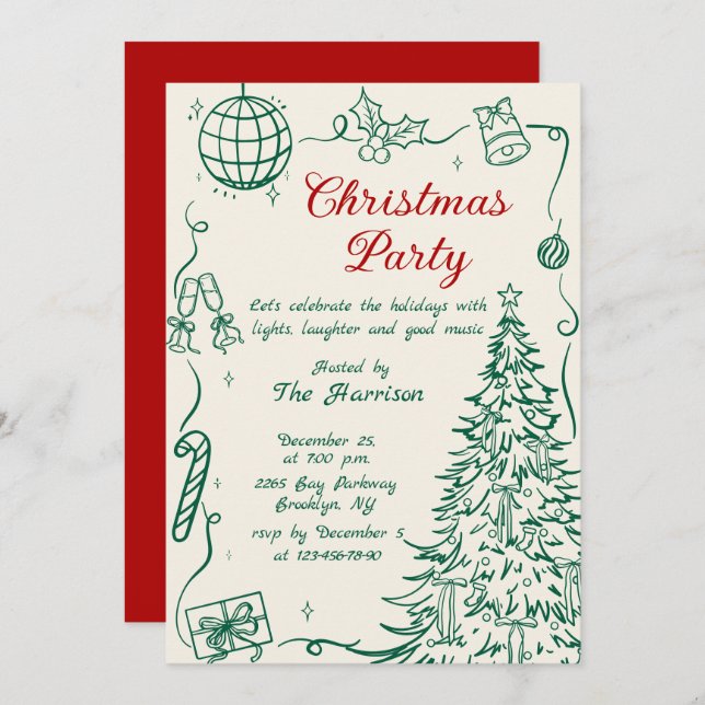 Invitación Hand Drawn Whimsical Christmas Holiday Party (Anverso / Reverso)