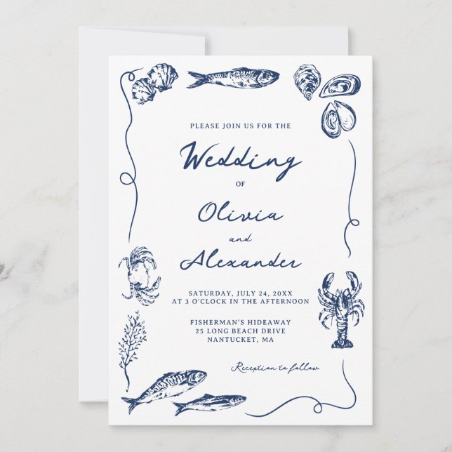 Invitación Hand Drawn Whimsical Coastal Navy Blue Wedding (Anverso)