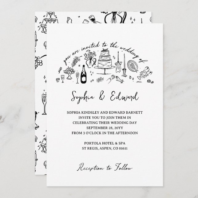 Invitación Hand-drawn whimsical line art wedding style (Anverso / Reverso)
