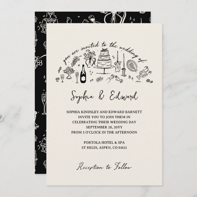 Invitación Hand-drawn whimsical line art wedding style (Anverso / Reverso)