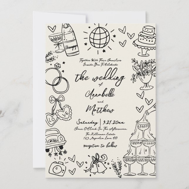 Invitación Hand Drawn Whimsical Vintage Wedding (Anverso)
