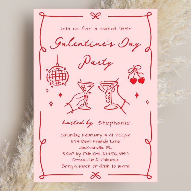 Invitación Hand Drawn Whimsy Pink & Red Galentine's Day Party (Subido por el creador)