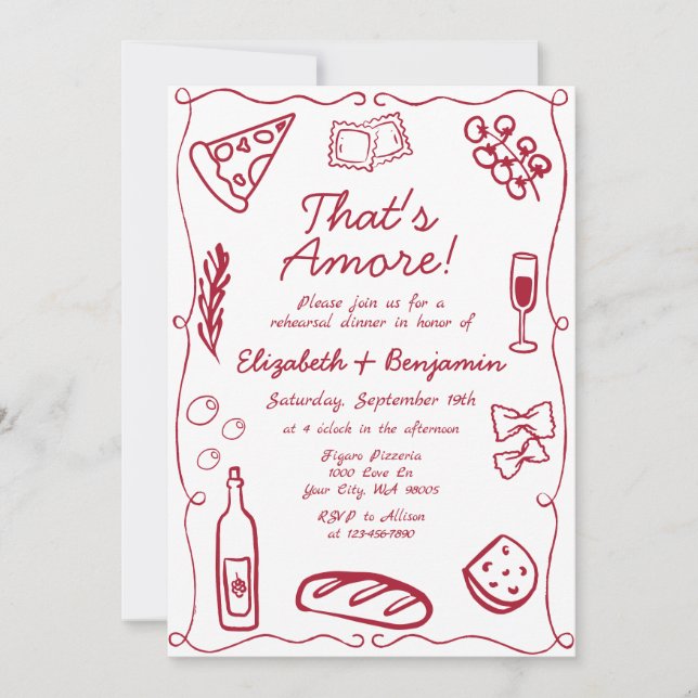 Invitación Hand Drawn Wine Red Retro Italian Rehearsal Dinner (Anverso)
