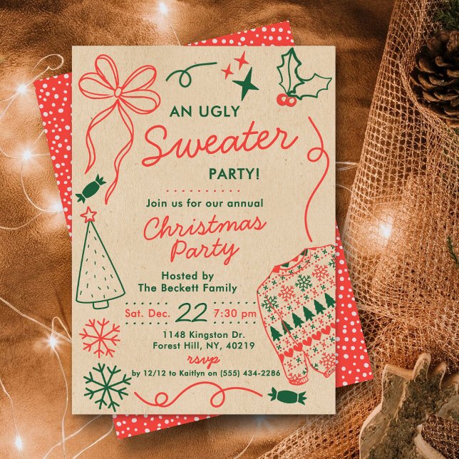 Invitación Hand Drwan Christmas Doodles Ugly Sweater Party (Subido por el creador)