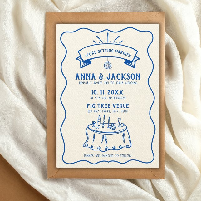 Invitación Hand Illustrated Retro Vintage Quirky Blue Wedding (blue and creamy white quirky wedding invitations hand illustrated)