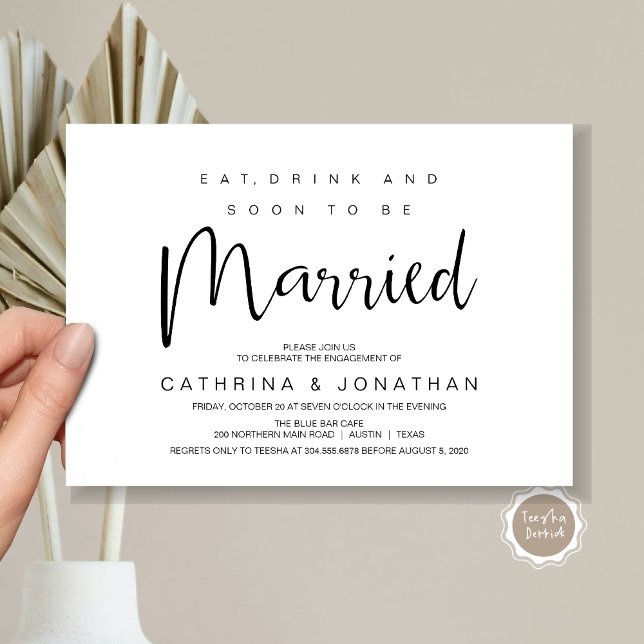 Invitación Hand Lettered, Black Script, Engagement Party (Modern Script, Engagement Dinner Party Invitation Card, Eat, Drink, Soon To Be Married, Black White)