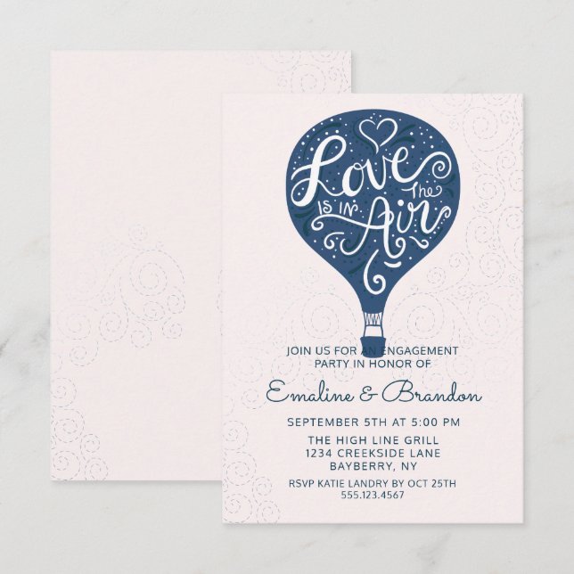 Invitación Hand Lettered Love Navy la fiesta de compromiso de (Anverso / Reverso)