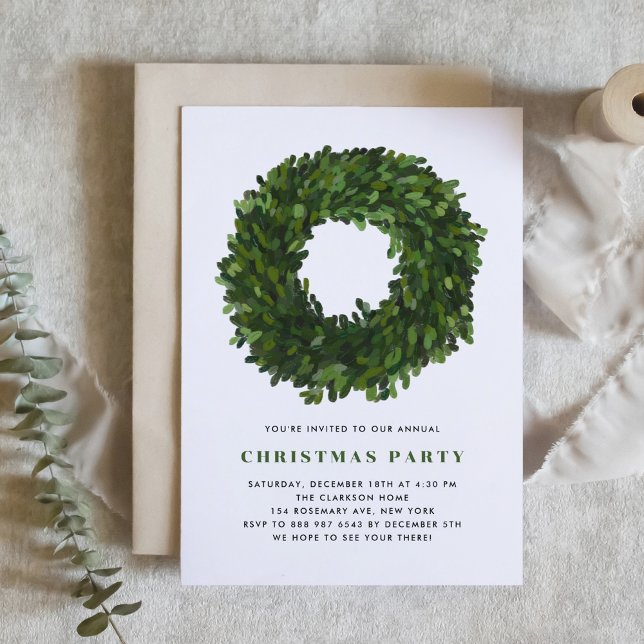 Invitación Hand Painted Boxwood Wreath Holiday Party (Subido por el creador)