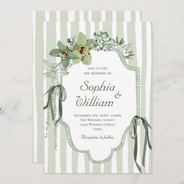 Invitación Hand Painted Sage Green Orchids Wedding (Anverso / Reverso)