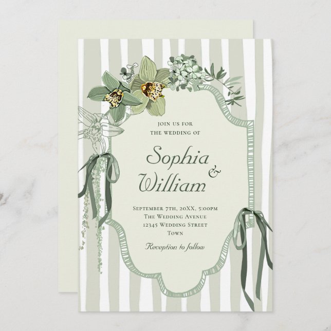 Invitación Hand Painted Sage Green Orchids Wedding (Anverso / Reverso)
