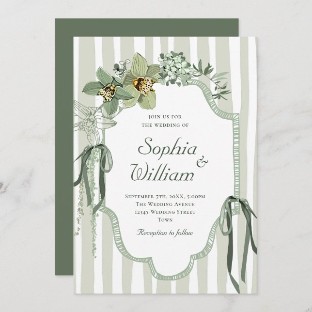 Invitación Hand Painted Sage Green Orchids Wedding (Anverso / Reverso)