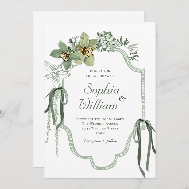 Invitación Hand Painted Sage Green Orchids Wedding Invitation (Anverso / Reverso)