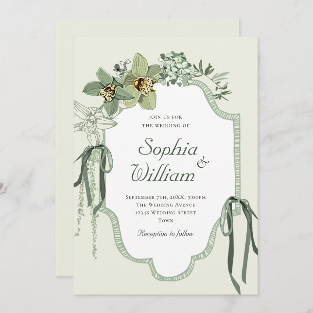 Invitación Hand Painted Sage Green Orchids Wedding Invitation (Anverso / Reverso)