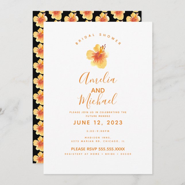 Invitación Hand Watercolor Hibiscus Naranja Bridal Shower (Anverso / Reverso)