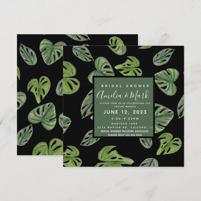 Invitación Hand Watercolor Monstera Adansonii Leaf Bridal (Anverso / Reverso)