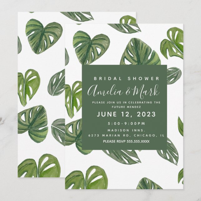 Invitación Hand Watercolor Monstera Adansonii Leaf Bridal (Anverso / Reverso)
