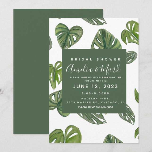 Invitación Hand Watercolor Monstera Adansonii Leaf Bridal (Anverso / Reverso)