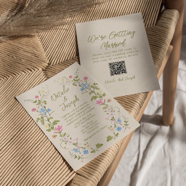 Invitación Hand Written Drawn Floral Summer QR Code Wedding (Subido por el creador)