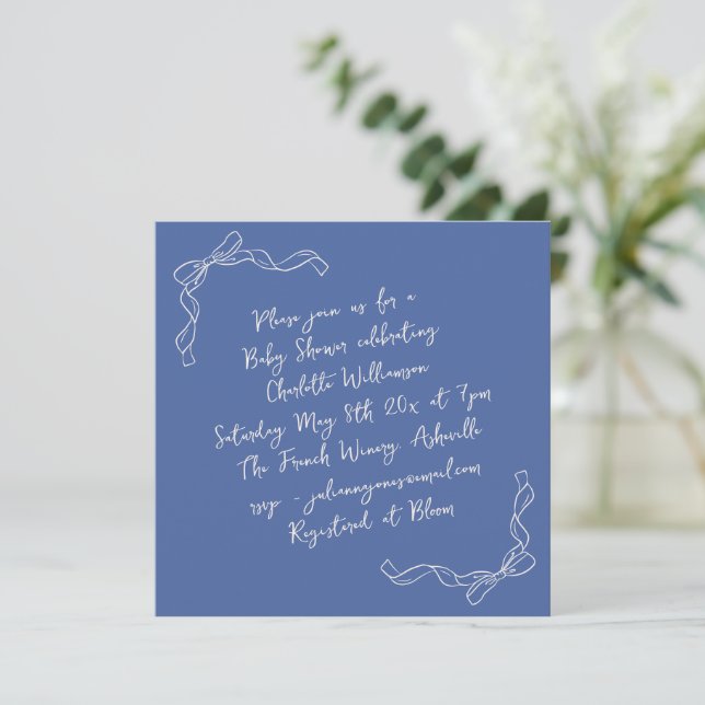 Invitación Handwritten Coquette Bow Blue Bridal Shower Square (Anverso de pie)