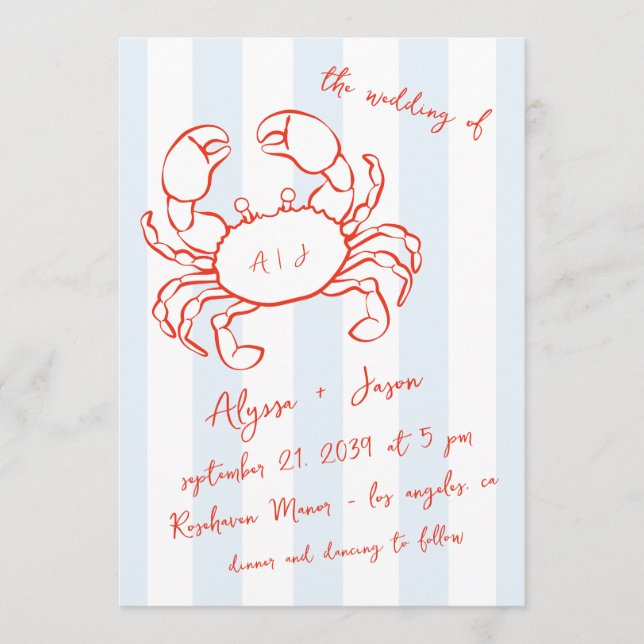 Invitación Handwritten Lobster Nautical Red Blue Wedding (Anverso)