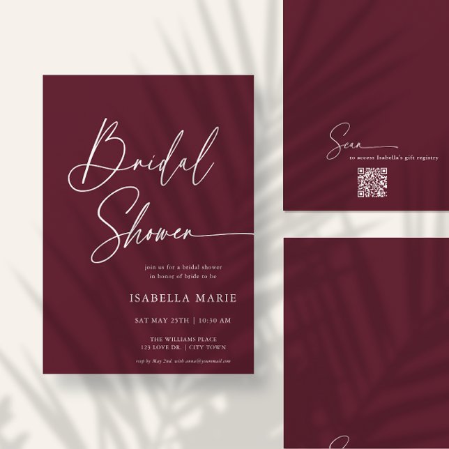 Invitación Handwritten Modern MInimal Burgundy Bridal Shower (Front and back of flat 5x7 bridal shower invitation. Choose size, corner + paper style.)
