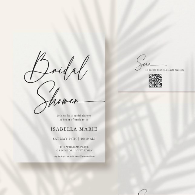 Invitación Handwritten Modern MInimal Script Bridal Shower (Front and back of flat 5x7 bridal shower invitation. Choose size, corner + paper style.)
