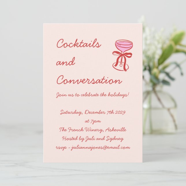Invitación Handwritten Playful Cocktails Holiday Red Pink (Anverso de pie)