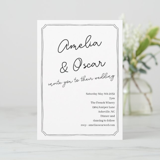 Invitación Handwritten Script Doodle Frame Wedding White (Anverso de pie)