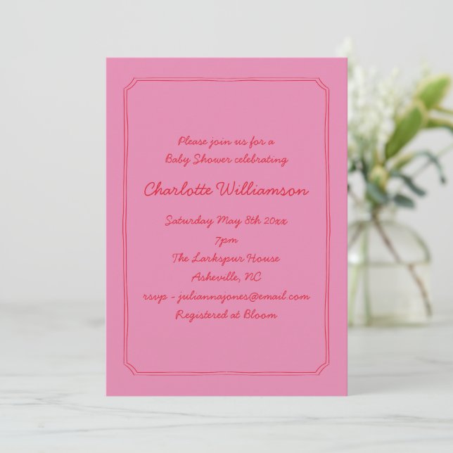 Invitación Handwritten Script Pink Red Border Baby Shower (Anverso de pie)