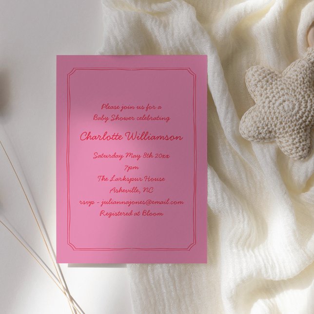 Invitación Handwritten Script Pink Red Border Baby Shower (Subido por el creador)