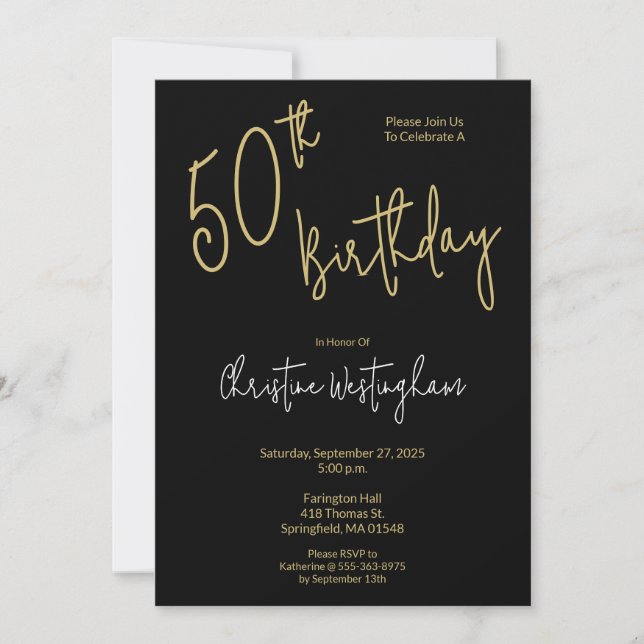 Invitación Handwritten Script Simple Black Gold 50th Birthday (Anverso)