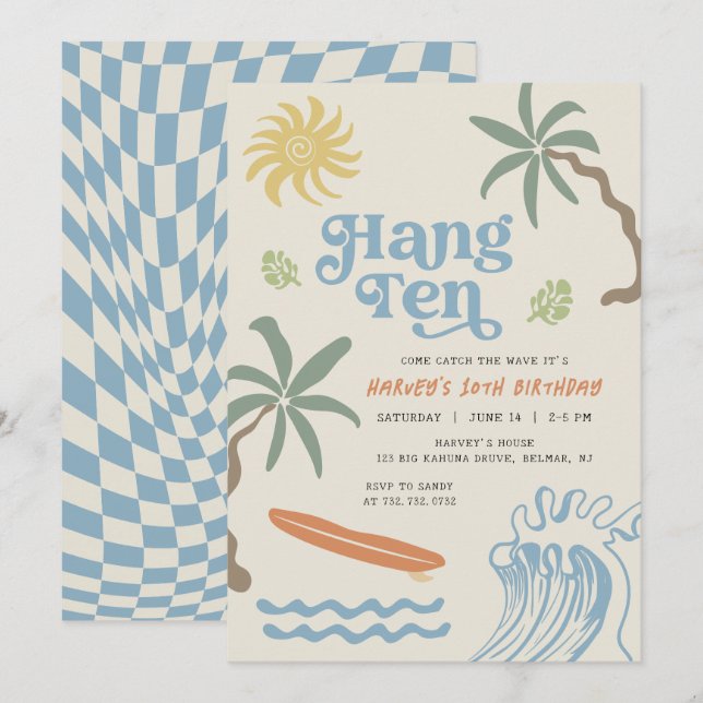 Invitación Hang Ten Retro Surf 10º Cumpleaños (Anverso / Reverso)