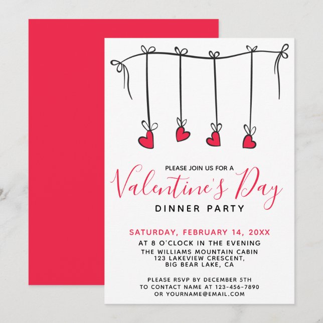 Invitación HANGING HEARTS El día de San Valentín Fiesta de ce (Anverso / Reverso)