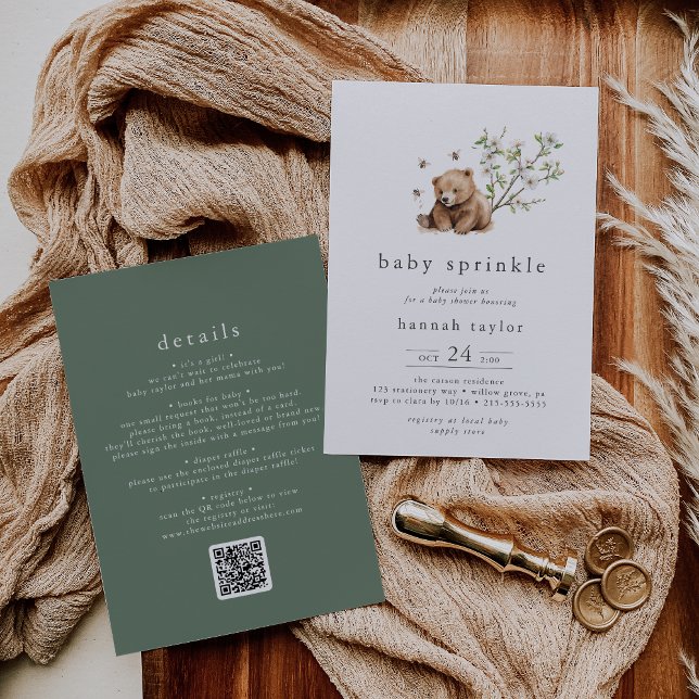 Invitación HANNAH QR Bear Bubble Bee Woodland Baby Sprinkle (HANNAH QR Bear Bubble Bee Woodland Baby Sprinkle Invitation)