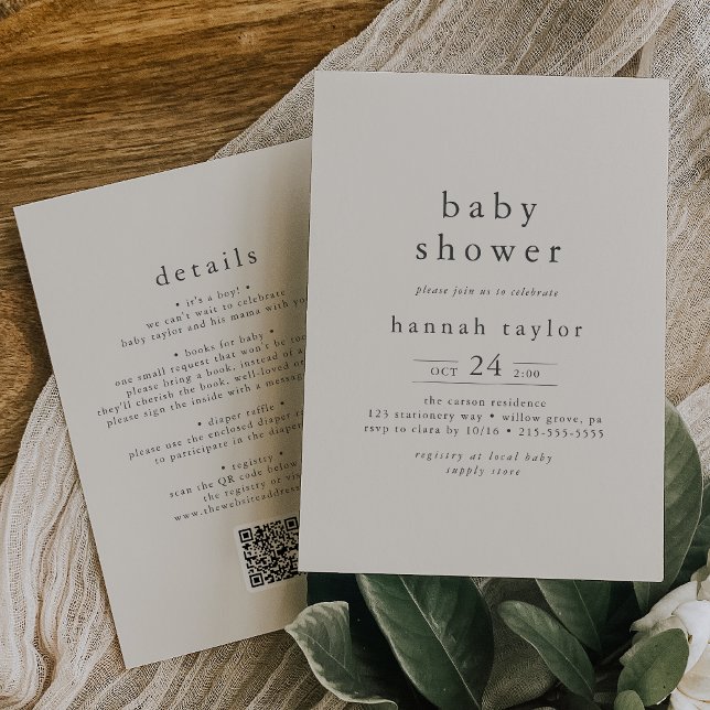 Invitación HANNAH Rústico Crema de cosecha QR Simple Baby Sho (HANNAH Rustic Vintage Cream QR Simple Baby Shower Invitation)