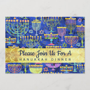 Invitación Hanukkah Cena Dorada Menora Azul Estrella de David